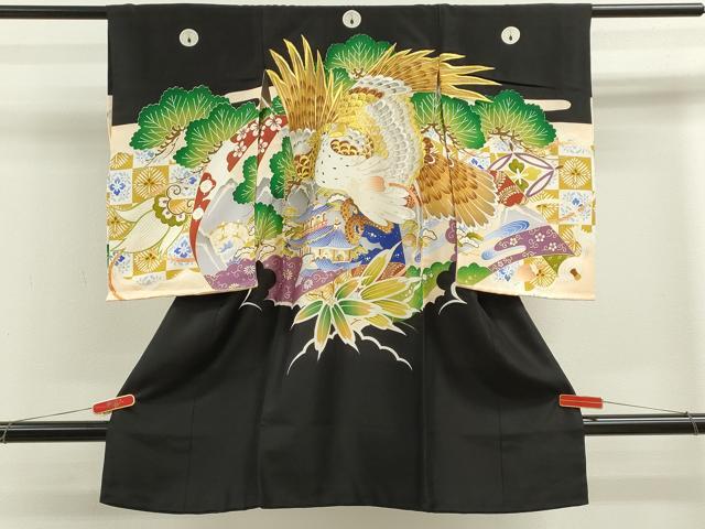 平和屋着物[]お宮参り　男の子　祝着　産着　初着　のしめ　刺繍　鷹　風景笠松文　黒地　金彩　逸品　CABB2035ze