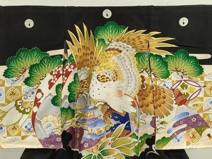 平和屋着物[]お宮参り　男の子　祝着　産着　初着　のしめ　刺繍　鷹　風景笠松文　黒地　金彩　逸品　CABB2035ze