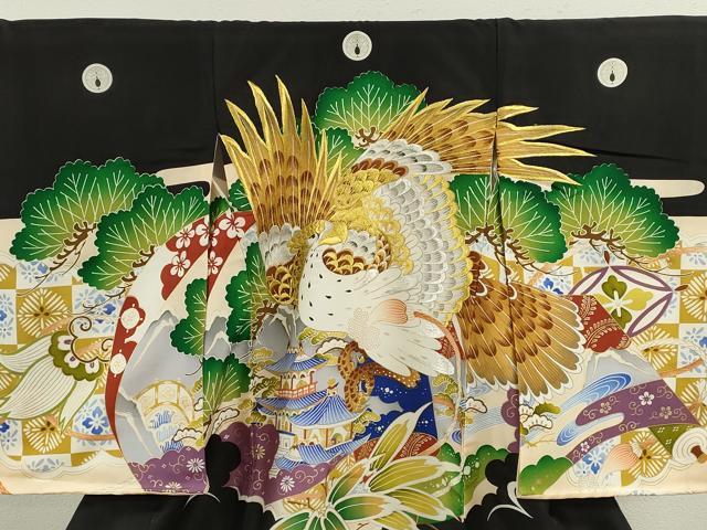 平和屋着物[]お宮参り　男の子　祝着　産着　初着　のしめ　刺繍　鷹　風景笠松文　黒地　金彩　逸品　CABB2035ze
