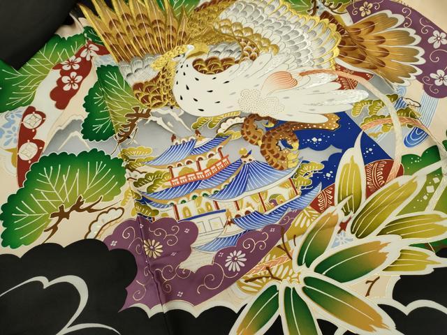 平和屋着物[]お宮参り　男の子　祝着　産着　初着　のしめ　刺繍　鷹　風景笠松文　黒地　金彩　逸品　CABB2035ze