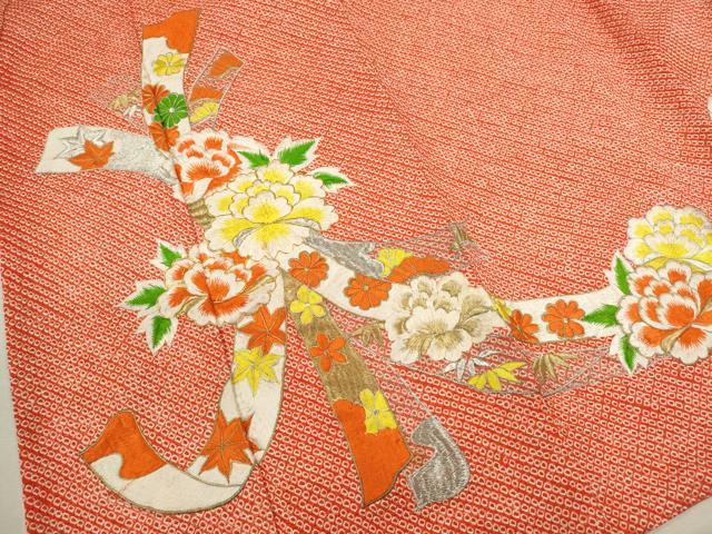 平和屋着物[]七五三　女の子　７歳　祝着　四つ身　総刺繍　絞り　束ね熨斗草花文　金銀糸　逸品　CABB2040ze