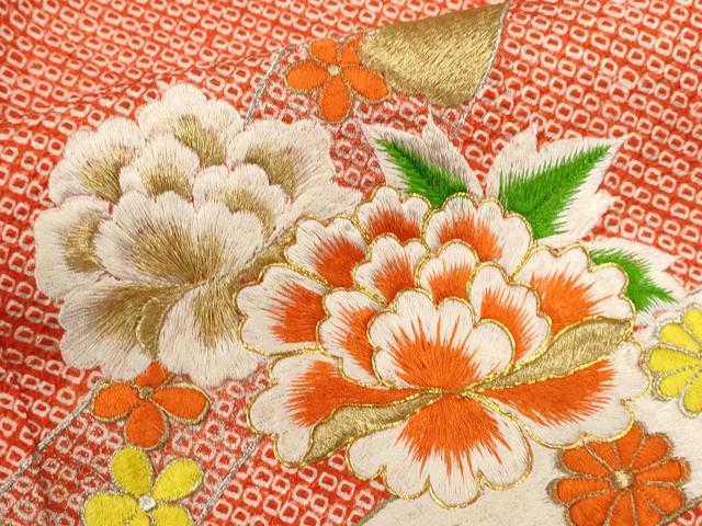 平和屋着物[]七五三　女の子　７歳　祝着　四つ身　総刺繍　絞り　束ね熨斗草花文　金銀糸　逸品　CABB2040ze