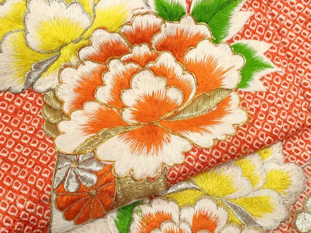 平和屋着物[]七五三　女の子　７歳　祝着　四つ身　総刺繍　絞り　束ね熨斗草花文　金銀糸　逸品　CABB2040ze