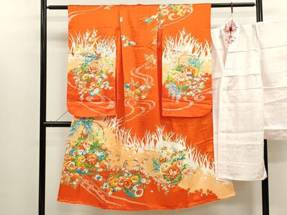 平和屋着物[]七五三　女の子　７歳　祝着　四つ身　長襦袢セット　駒刺繍　花籠文　金彩　洗える着物　CABB2056ze