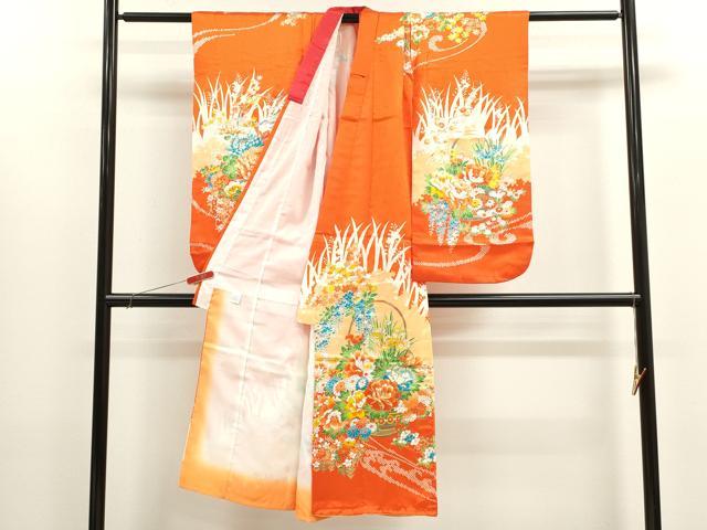 平和屋着物[]七五三　女の子　７歳　祝着　四つ身　長襦袢セット　駒刺繍　花籠文　金彩　洗える着物　CABB2056ze