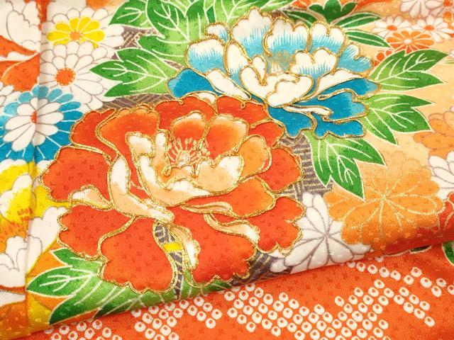 平和屋着物[]七五三　女の子　７歳　祝着　四つ身　長襦袢セット　駒刺繍　花籠文　金彩　洗える着物　CABB2056ze