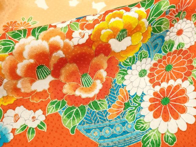平和屋着物[]七五三　女の子　７歳　祝着　四つ身　長襦袢セット　駒刺繍　花籠文　金彩　洗える着物　CABB2056ze