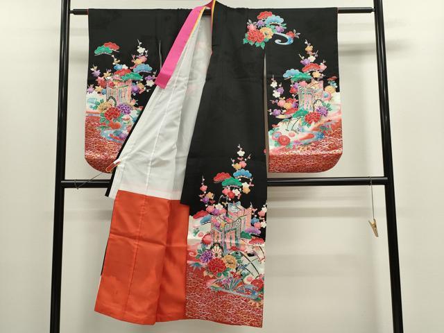 平和屋着物[]七五三　女の子　７歳　祝着　四つ身　松竹梅御所車花文　暈し染め　黒地　金銀彩　逸品　CABB2059ze