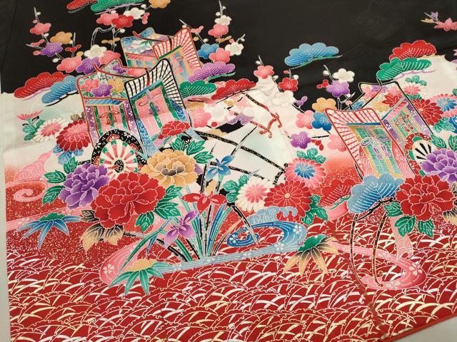 平和屋着物[]七五三　女の子　７歳　祝着　四つ身　松竹梅御所車花文　暈し染め　黒地　金銀彩　逸品　CABB2059ze