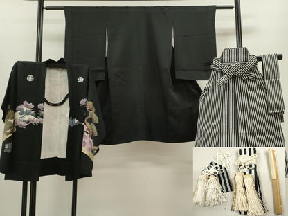 平和屋着物[]七五三　男の子　祝着・羽織・袴・小物セット　宝船　黒地　金彩　逸品　CABB2065ze
