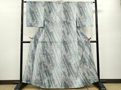平和屋着物＊夏物 小紋 絽 矢羽根草花文 たたき染め 洗える着物 CABB2092ze