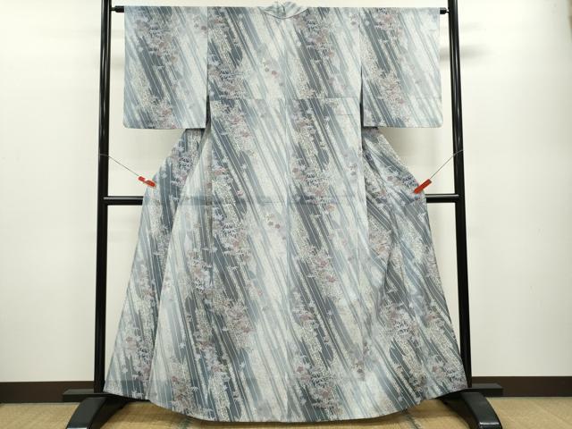 平和屋着物＊夏物 小紋 絽 矢羽根草花文 たたき染め 洗える着物 CABB2092ze
