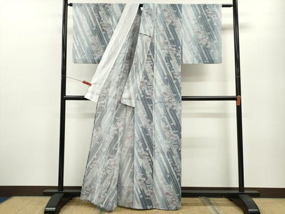 平和屋着物＊夏物 小紋 絽 矢羽根草花文 たたき染め 洗える着物 CABB2092ze