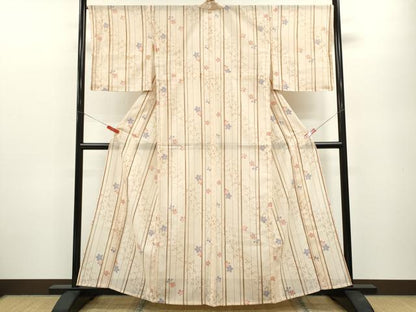 平和屋着物＊夏物 小紋 絽 縞 舞桜文 洗える着物 未使用 CABB2094ze