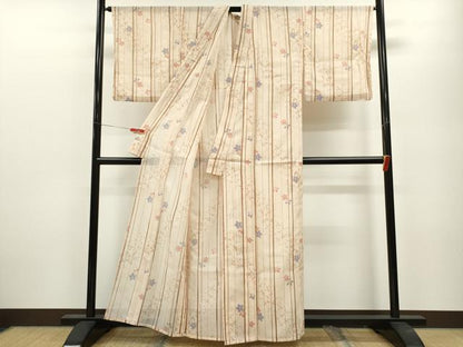 平和屋着物＊夏物 小紋 絽 縞 舞桜文 洗える着物 未使用 CABB2094ze