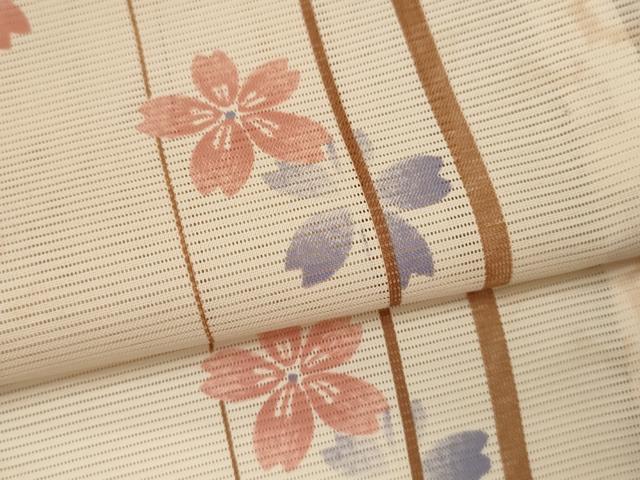 平和屋着物＊夏物 小紋 絽 縞 舞桜文 洗える着物 未使用 CABB2094ze