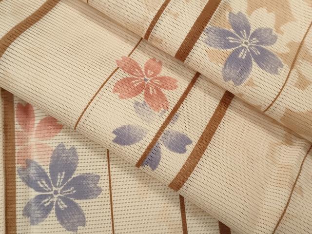 平和屋着物＊夏物 小紋 絽 縞 舞桜文 洗える着物 未使用 CABB2094ze