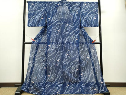 平和屋着物＊夏物 小紋 絽 扇面枝垂れ柳文 洗える着物 CABB2099ze