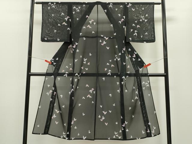平和屋着物＊夏物 小紋 絽 舞蝶文 黒地 洗える着物 未使用 CABB2103ze