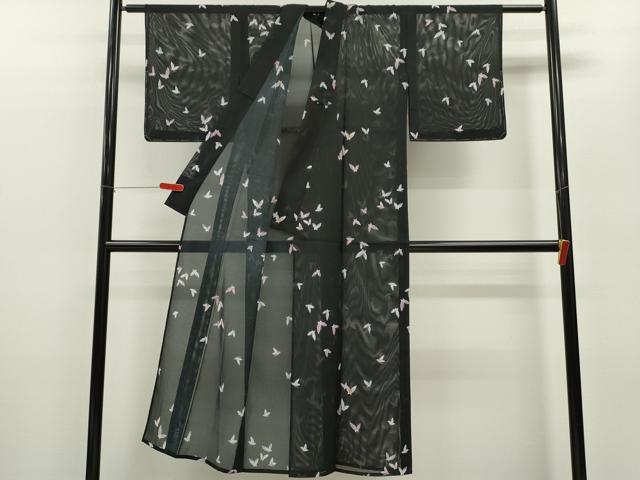平和屋着物＊夏物 小紋 絽 舞蝶文 黒地 洗える着物 未使用 CABB2103ze