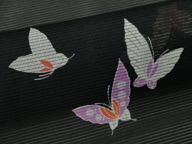 平和屋着物＊夏物 小紋 絽 舞蝶文 黒地 洗える着物 未使用 CABB2103ze