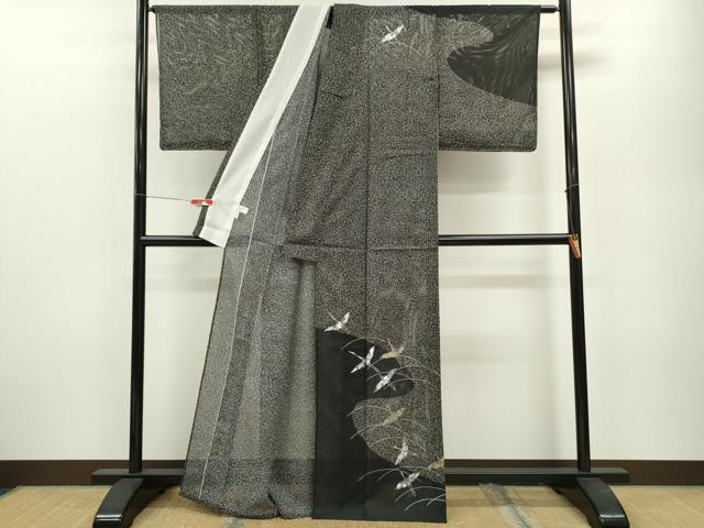 平和屋着物＊夏物 訪問着 絽 飛鶴芝草文 たたき染め 黒地 金銀彩 洗える着物 未使用 CABB2108ze