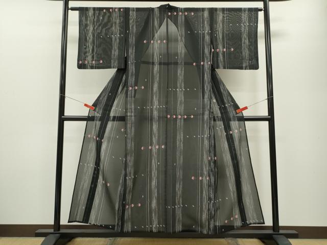 平和屋着物＊夏物 小紋 絽 燕竹間道 黒地 洗える着物 CABB2116ze