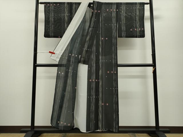 平和屋着物＊夏物 小紋 絽 燕竹間道 黒地 洗える着物 CABB2116ze