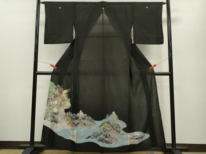 平和屋着物＊夏物　黒留袖　絽　刺繍　尾長鳥風景文　銀彩　洗える着物　CABB2168ze