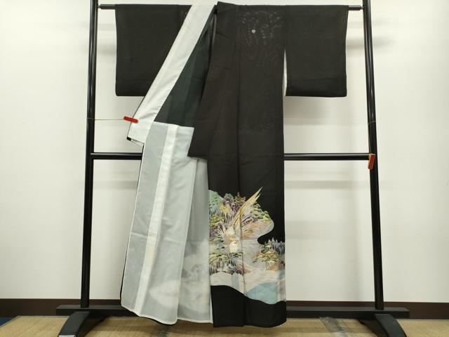 平和屋着物＊夏物　黒留袖　絽　刺繍　尾長鳥風景文　銀彩　洗える着物　CABB2168ze 平和屋着物＊夏物 黒留袖 絽 刺繍 尾長鳥風景文 銀彩 洗える