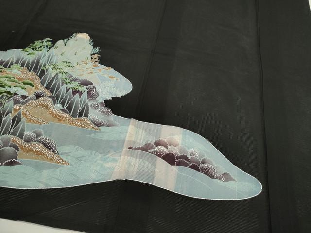 平和屋着物＊夏物　黒留袖　絽　刺繍　尾長鳥風景文　銀彩　洗える着物　CABB2168ze 平和屋着物＊夏物 黒留袖 絽 刺繍 尾長鳥風景文 銀彩 洗える