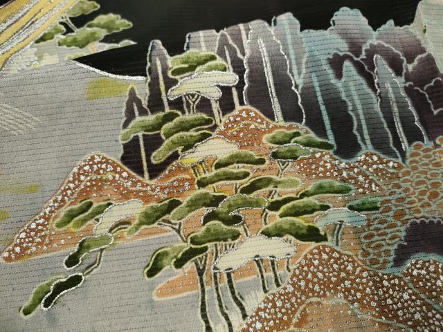 平和屋着物＊夏物　黒留袖　絽　刺繍　尾長鳥風景文　銀彩　洗える着物　CABB2168ze 平和屋着物＊夏物 黒留袖 絽 刺繍 尾長鳥風景文 銀彩 洗える