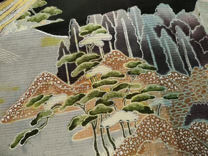 平和屋着物＊夏物　黒留袖　絽　刺繍　尾長鳥風景文　銀彩　洗える着物　CABB2168ze