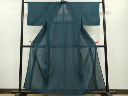 平和屋着物＊夏物 紗紬 色無地 雲取り紋紗 青藍色 正絹 逸品 CABB2181ze