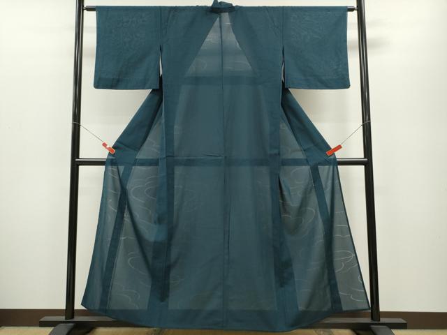 平和屋着物＊夏物 紗紬 色無地 雲取り紋紗 青藍色 正絹 逸品 CABB2181ze