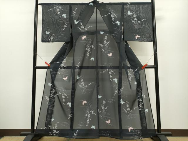 平和屋着物＊夏物 小紋 絽 舞蝶草花文 洗える着物 CABB2183ze