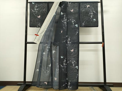 平和屋着物＊夏物 小紋 絽 舞蝶草花文 洗える着物 CABB2183ze