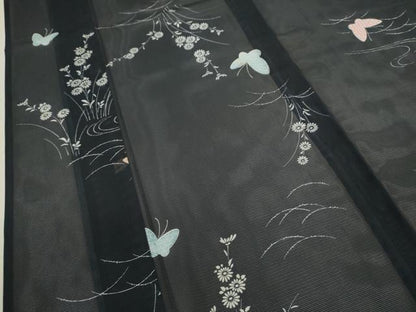 平和屋着物＊夏物 小紋 絽 舞蝶草花文 洗える着物 CABB2183ze