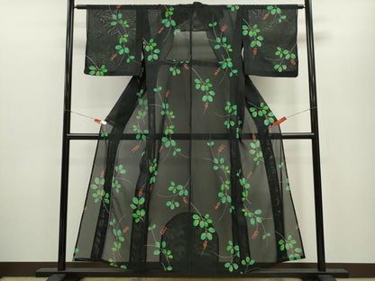 平和屋着物＊夏物 小紋 絽 枝葉文 黒地 洗える着物 CABB2191ze