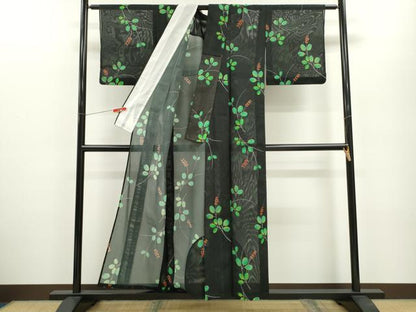 平和屋着物＊夏物 小紋 絽 枝葉文 黒地 洗える着物 CABB2191ze