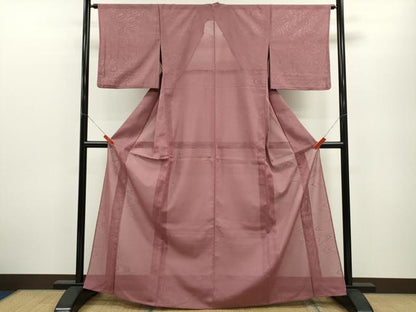 平和屋着物＊夏物 色無地 流水紋紗 退紅色 洗える着物 CABB2196ze