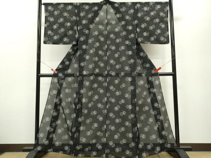 平和屋着物＊夏物 小紋 絽 枝葉文 黒地 洗える着物 CABB2200ze