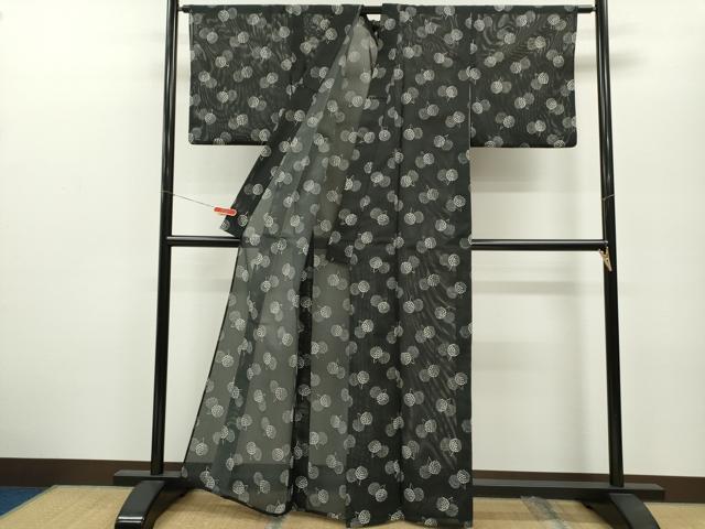 平和屋着物＊夏物 小紋 絽 枝葉文 黒地 洗える着物 CABB2200ze