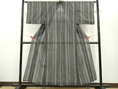 平和屋着物＊夏物 小紋 絽 斜線間道 黒地 洗える着物 CABB2202ze