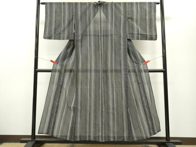 平和屋着物＊夏物 小紋 絽 斜線間道 黒地 洗える着物 CABB2202ze
