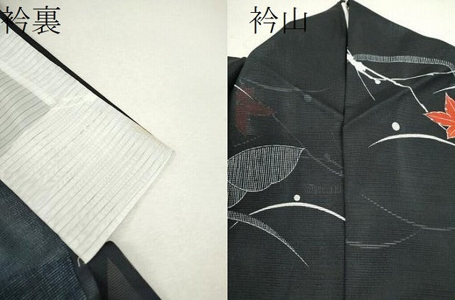 平和屋着物＊夏物　小紋　絽　舞蝶芝草楓文　黒地　洗える着物　CABB2206ze 平和屋着物＊夏物 小紋 絽 舞蝶芝草楓文 黒地 洗える着物 CABB2206ze