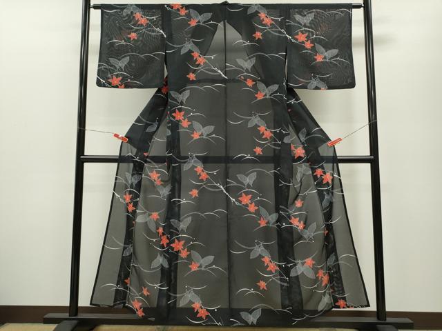平和屋着物＊夏物　小紋　絽　舞蝶芝草楓文　黒地　洗える着物　CABB2206ze 平和屋着物＊夏物 小紋 絽 舞蝶芝草楓文 黒地 洗える着物 CABB2206ze