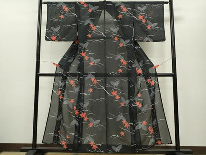 平和屋着物＊夏物 小紋 絽 舞蝶芝草楓文 黒地 洗える着物 CABB2206ze