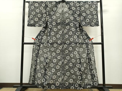 平和屋着物＊夏物 小紋 絽 菊尽くし 黒地 洗える着物 CABB2208ze
