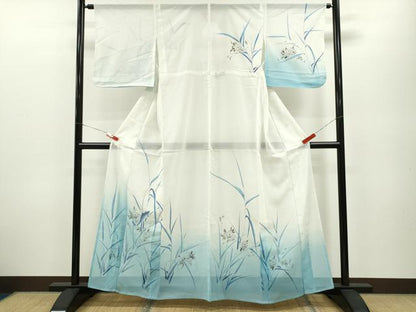平和屋着物＊夏物 訪問着 絽 手描き 魚 草花文 暈し染め 銀彩 洗える着物 CABB2209ze
